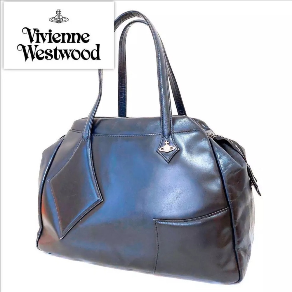 Authentic Vivienne Westwood Leather Boston Bag Black Orb